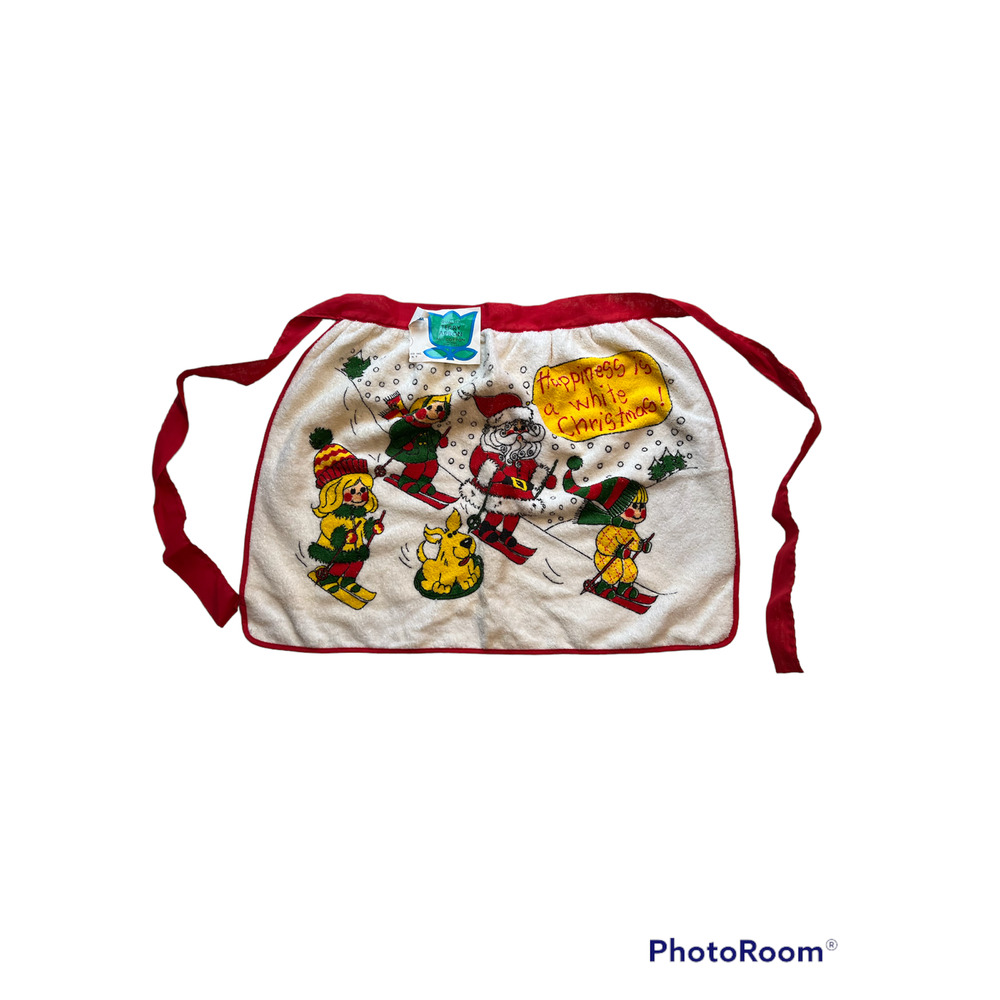 Vintage Xmas Terry Cloth Cotton Apron USA Happiness is a White Christmas
